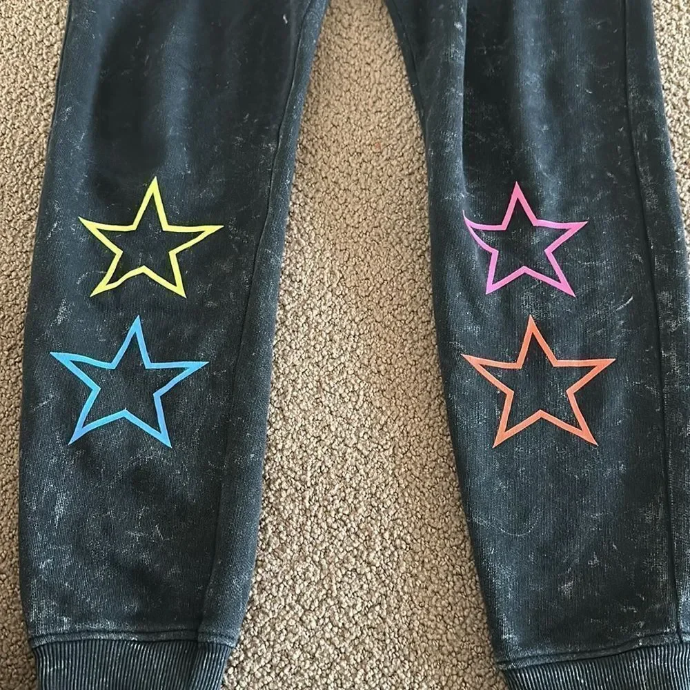 Chrldr Women’s Faded Black with Rainbow Stars Matching Jogger Set - Size S